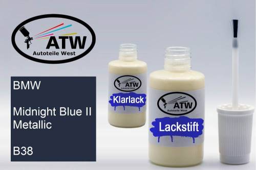 BMW, Midnight Blue II Metallic, B38: 20ml Lackstift + 20ml Klarlack - Set, von ATW Autoteile West.